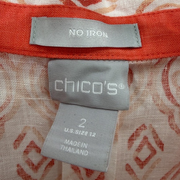Chico's No Iron Linen Shirt Size 12 Button Down 3/4 Sleeve Geometric Print - Picture 4 of 9